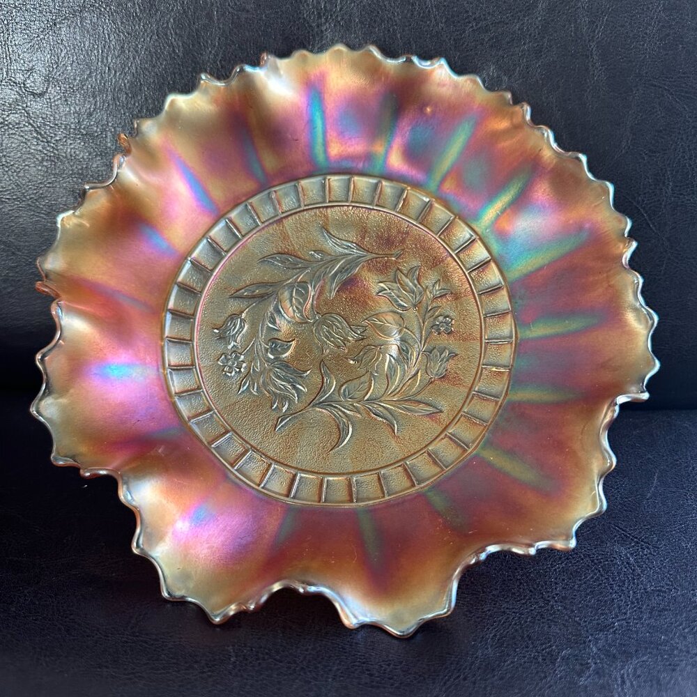 Art Nouveau Dugan Wildflower Marigold Carnival Glass Ruffle 9" Decorative Bowl